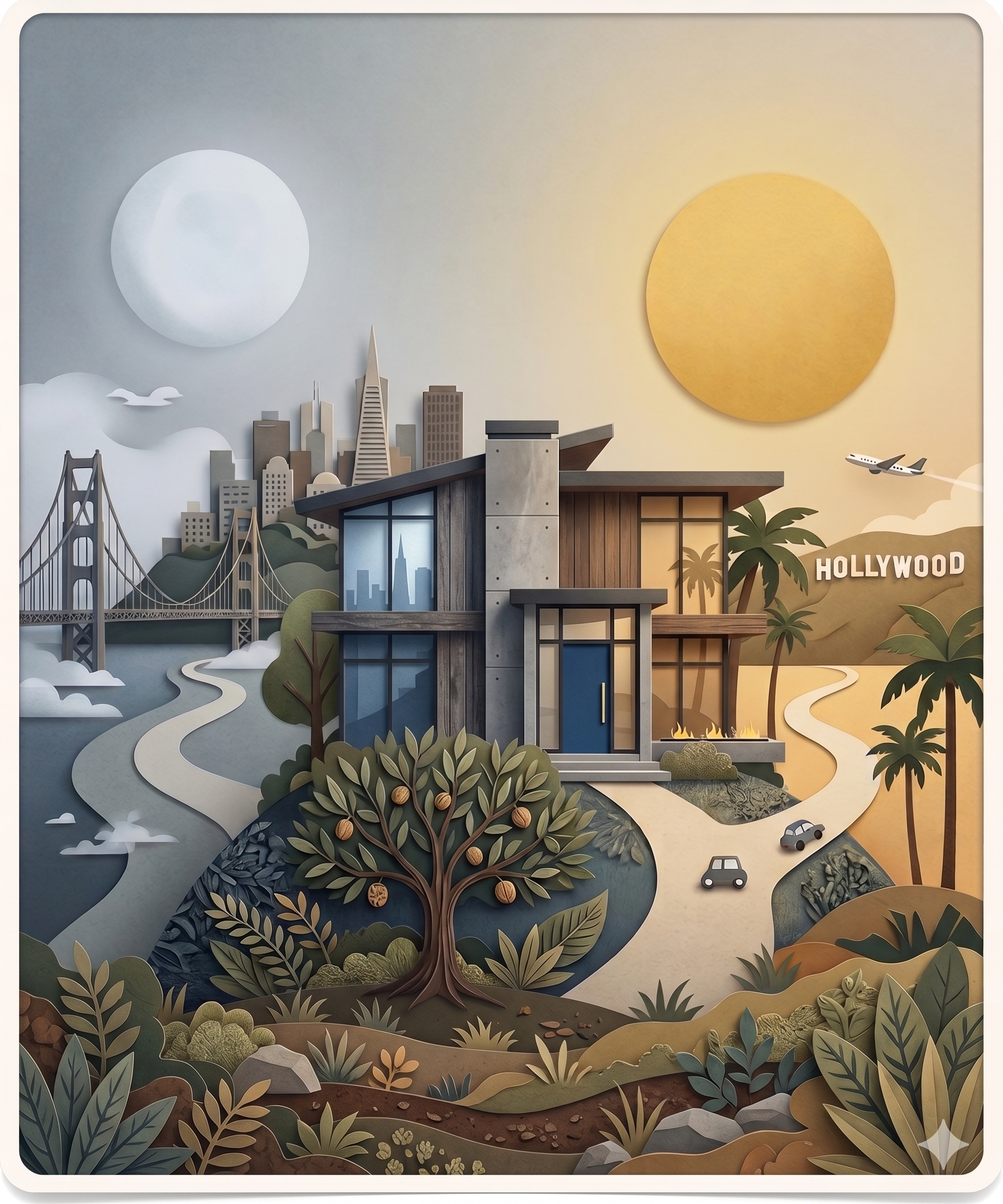 Illustration of a home set between the San Francisco skyline and Hollywood hills